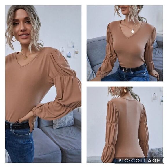 CLEARANCE Camel Tan Taupe Statement Sleeve Top - Picture 9 of 9